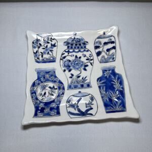Chinese Blue White 6" Porcelain Tray Dish Ginger Jar Collage Motif Decor Plate